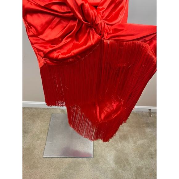 FOR LOVE & LEMONS Anisa Silk Fringe Ruched Draped Red Midi Dress Size Large - Picture 8 of 11